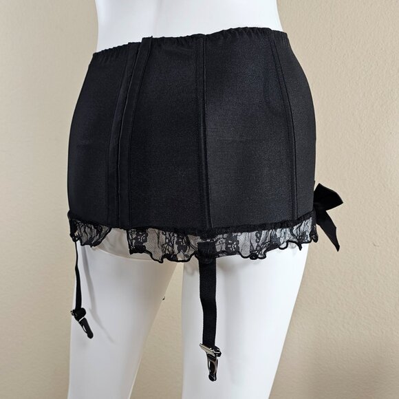 Coquette Black Nude Retro Garter Belt, Lace and Satin with Bows - Picture 3 of 11